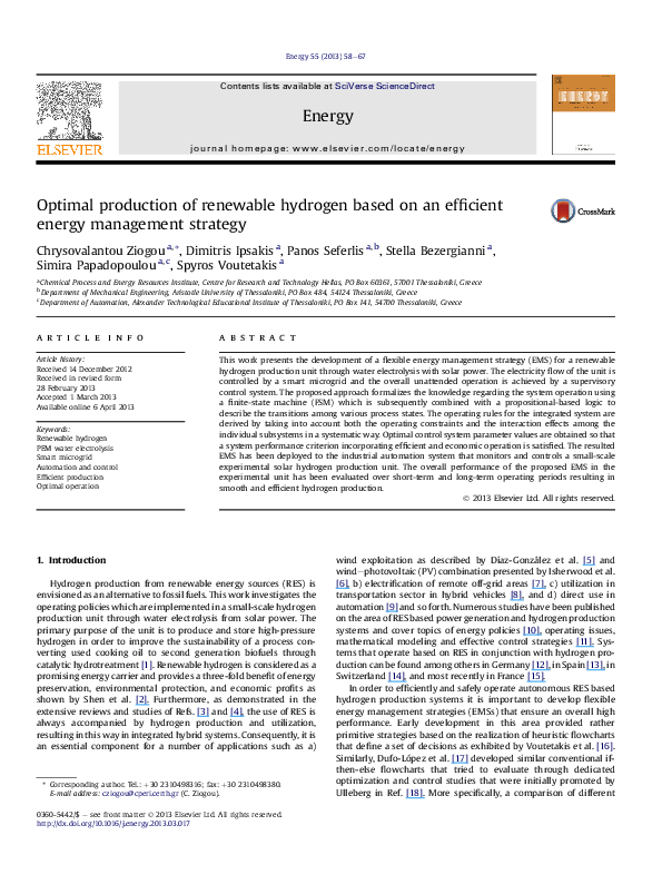 (PDF) Optimal production of renewable hydrogen based on an efficient ...