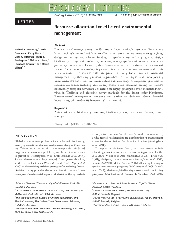 (PDF) Resource allocation for efficient environmental management