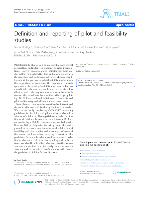 (PDF) Definition and reporting of pilot and feasibility studies