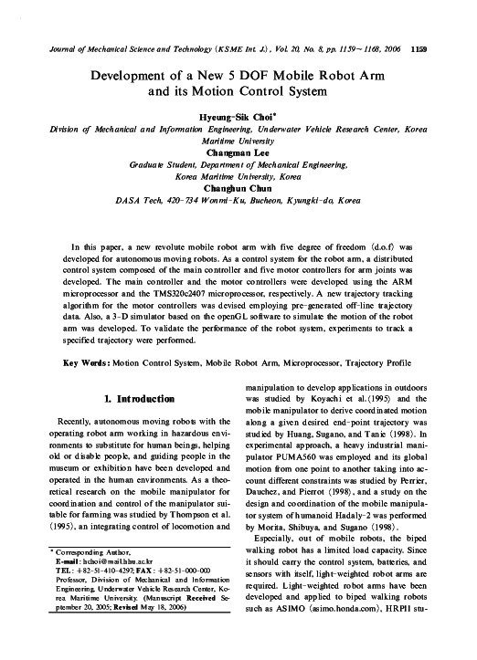 (PDF) Development of a new 5 dof mobile robot arm and its motion ...