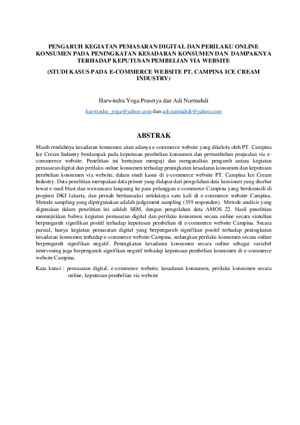 Pdf Pengaruh Kegiatan Pemasaran Digital Dan Perilaku Online Konsumen Pada Peningkatan Kesadaran Konsumen Dan Dampaknya Terhadap Keputusan Pembelian Via Website Studi Kasus Pada E Commerce Website Pt Campina Ice Cream Industry Harwindra