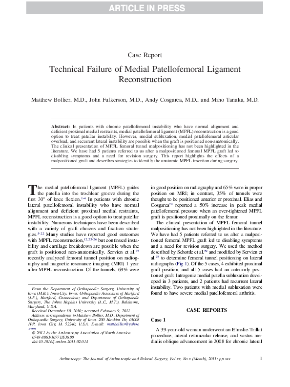 (PDF) Technical Failure of Medial Patellofemoral Ligament Reconstruction