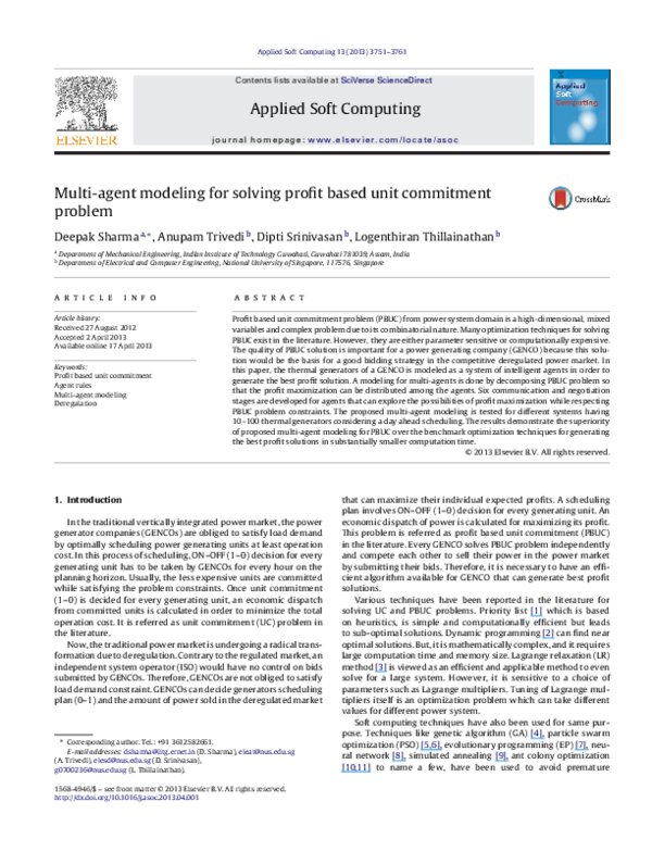 (PDF) Multi-agent modeling for solving profit based unit commitment problem