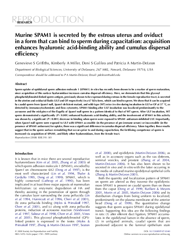 (PDF) Murine SPAM1 is secreted by the estrous uterus and oviduct in a ...
