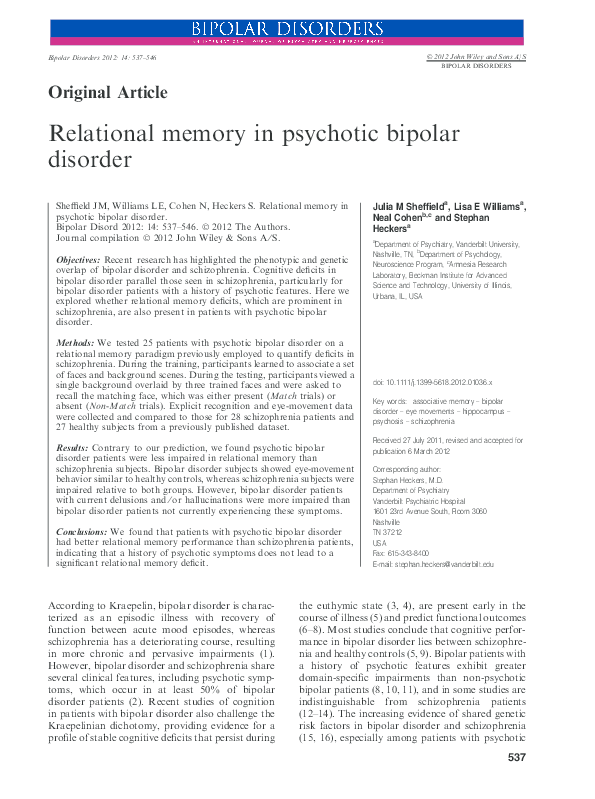 (PDF) Relational memory in psychotic bipolar disorder