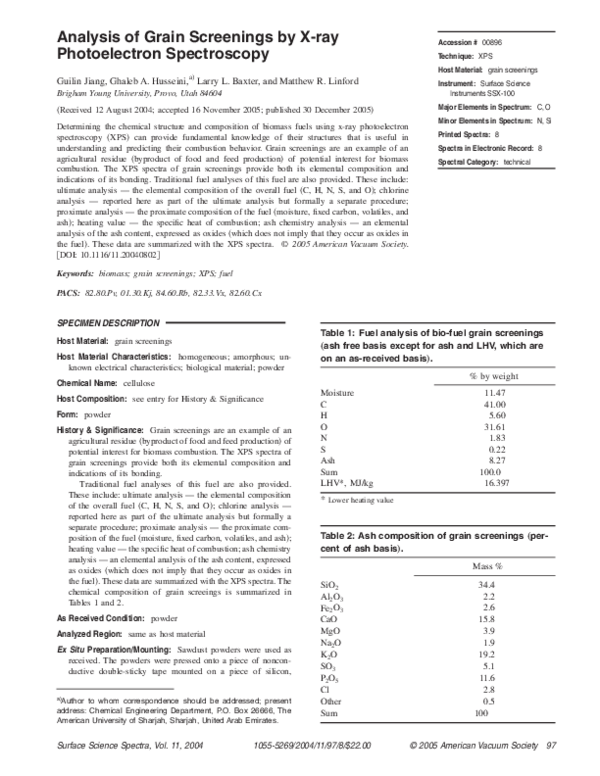 (PDF) Analysis of Grain Screenings by Xray Photoelectron Spectroscopy