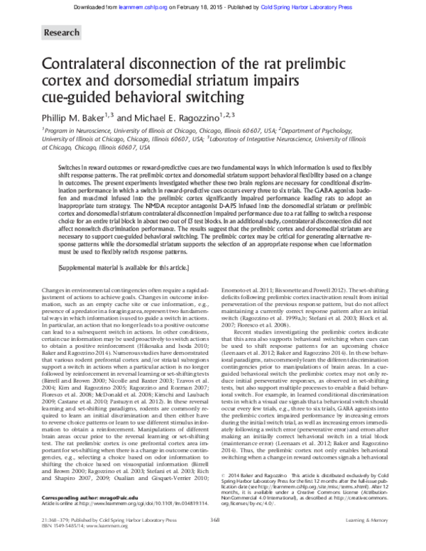 (PDF) Contralateral disconnection of the rat prelimbic cortex and ...
