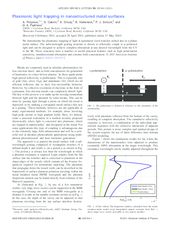 (PDF) Plasmonic light trapping in nanostructured metal surfaces