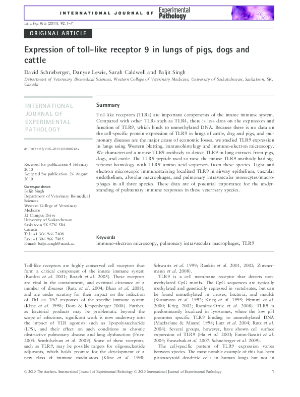 (PDF) Expression of toll-like receptor 9 in lungs of pigs, dogs and cattle