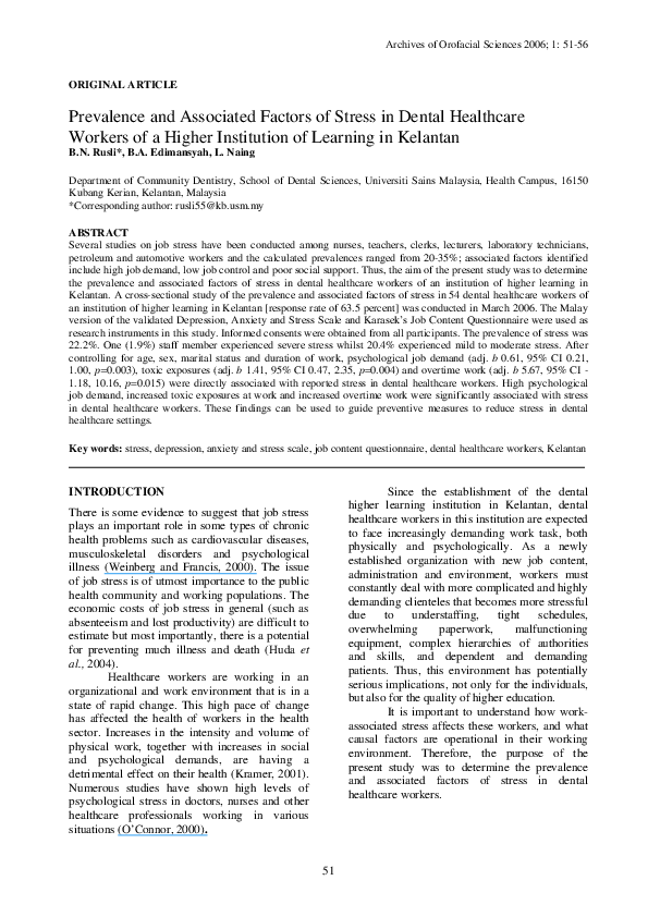 (PDF) Prevalence and associated factors of stress in dental healthcare ...