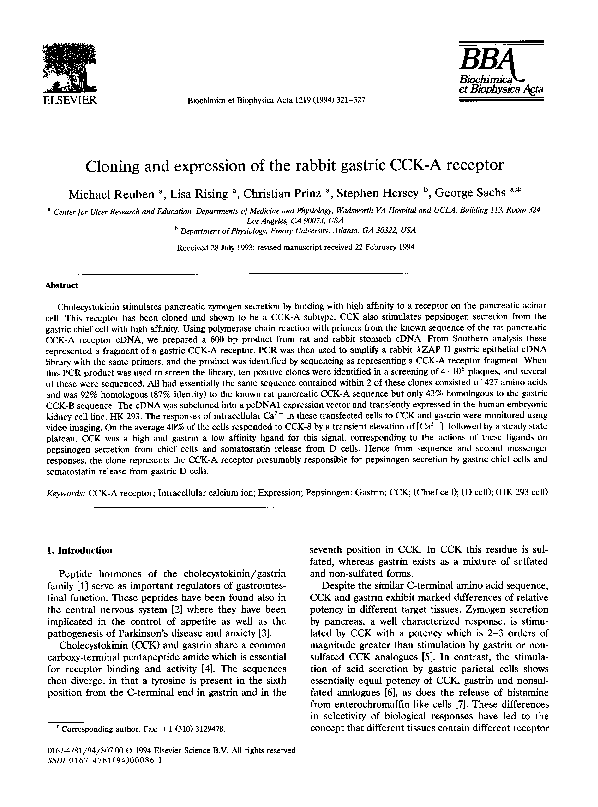 (PDF) Cloning and expression of the rabbit gastric CCK-A receptor