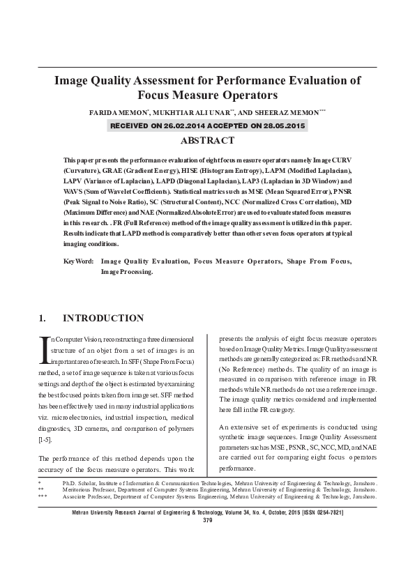 (PDF) Image Quality Assessment for Performance Evaluation of Focus ...