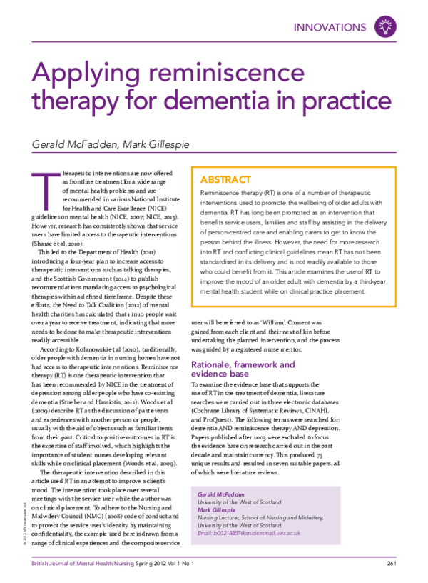 (PDF) Applying reminiscence therapy for dementia in practice
