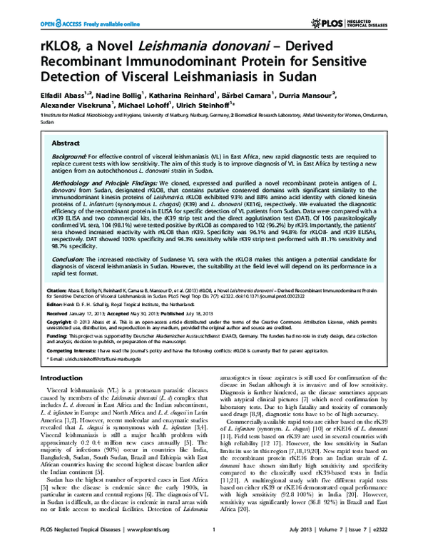 PDF) rKLO8, a Novel Leishmania donovani – Derived Recombinant 