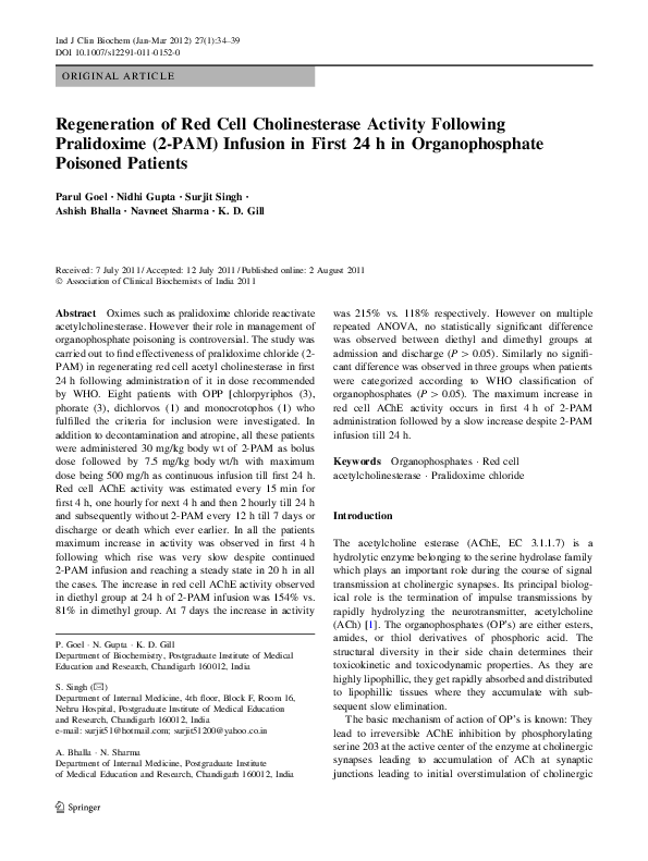 (PDF) Regeneration of Red Cell Cholinesterase Activity Following