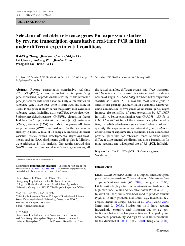 (PDF) Selection of reliable reference genes for expression studies by ...
