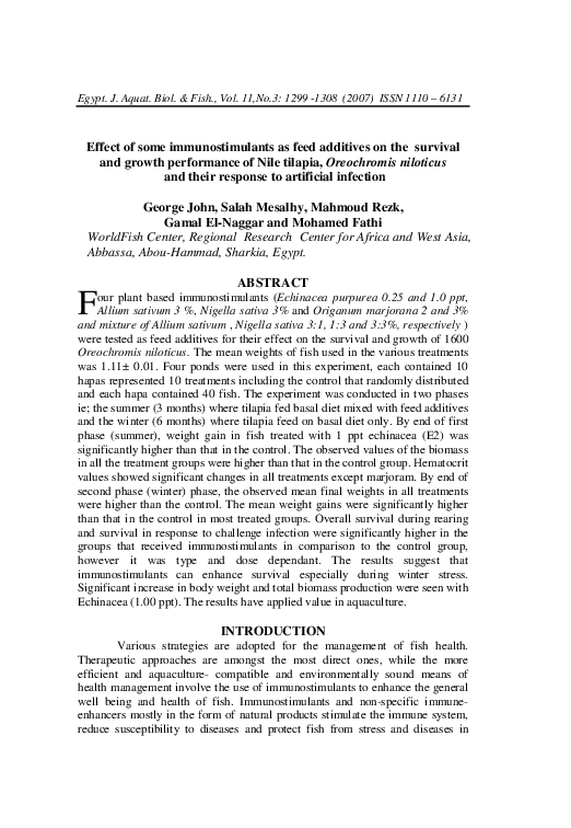 (PDF) Effect of some immunostimulants as feed additives on the survival ...