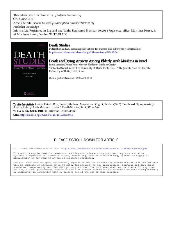 (PDF) Death and Dying Anxiety Among Elderly Arab Muslims in Israel