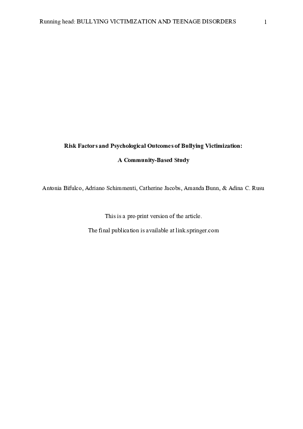 (PDF) Risk Factors and Psychological Outcomes of Bullying Victimization ...