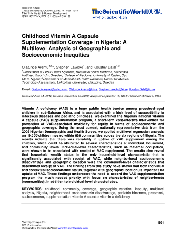(PDF) Childhood vitamin A capsule supplementation coverage in Nigeria ...