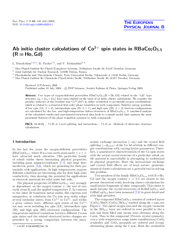 (PDF) Ab initio cluster calculations of Co3+ spin states in RBaCo2O5.5 ...