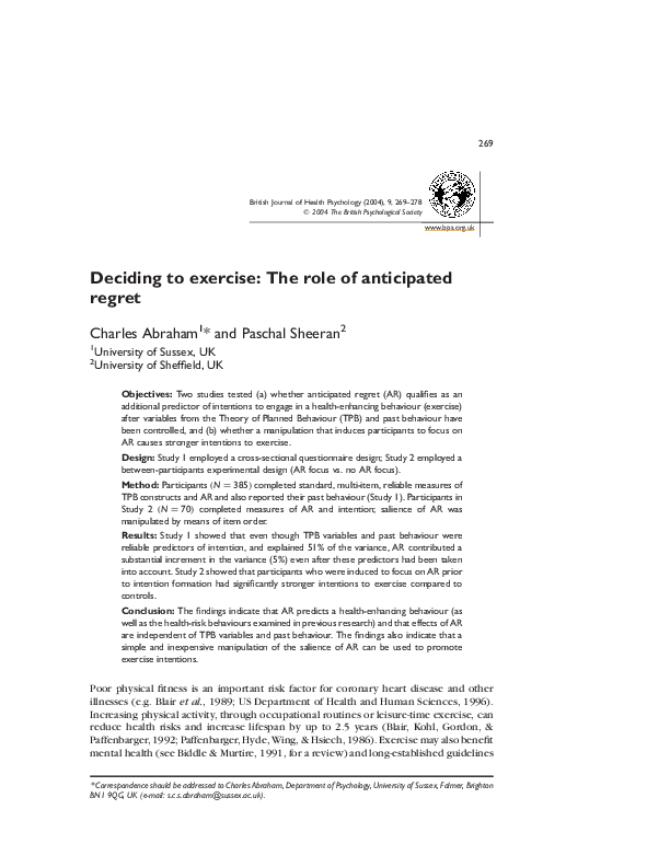 (PDF) Deciding to exercise: The role of anticipated regret