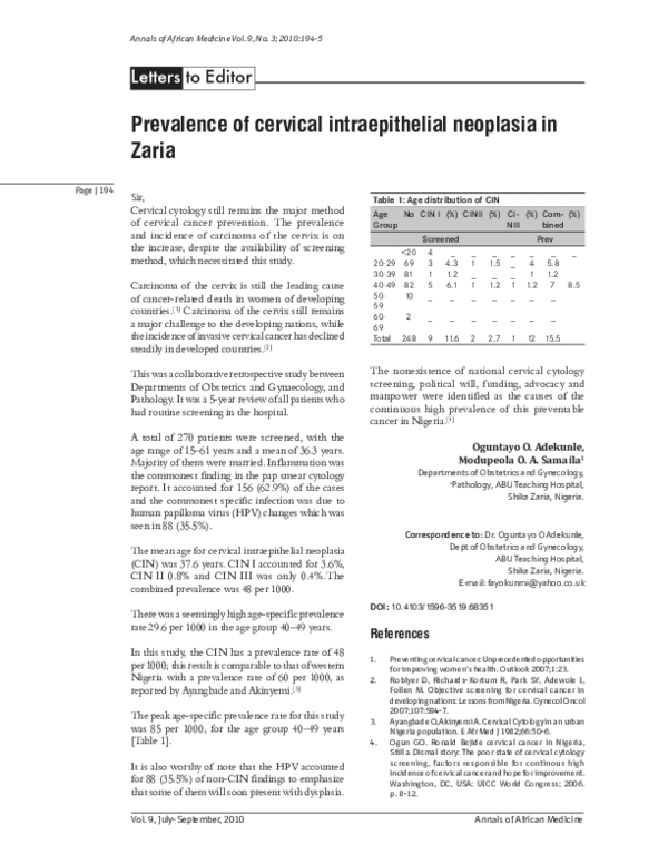 (PDF) Prevalence of cervical intraepithelial neoplasia in Zaria