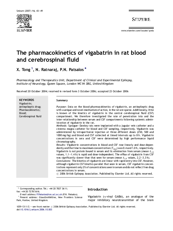 (PDF) The pharmacokinetics of vigabatrin in rat blood and cerebrospinal ...