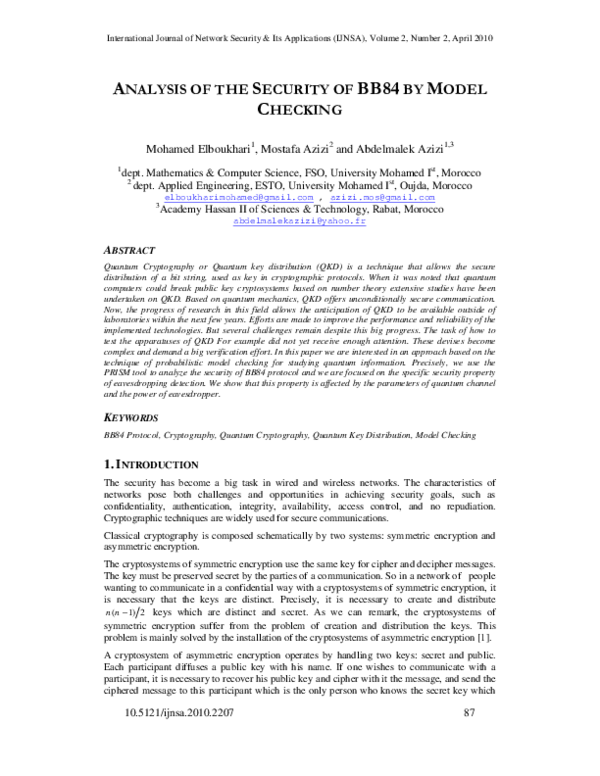 (PDF) Analysis of the Security of BB84 by Model Checking