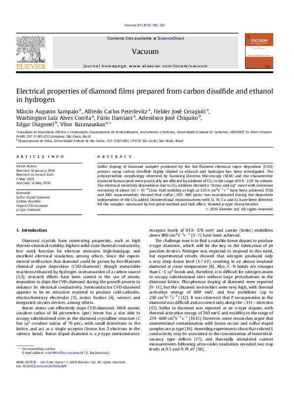 (PDF) Electrical properties of diamond films prepared from carbon disulfide and ethanol in