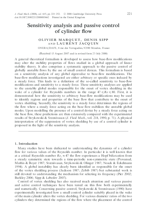 (PDF) Sensitivity analysis and passive control of cylinder flow