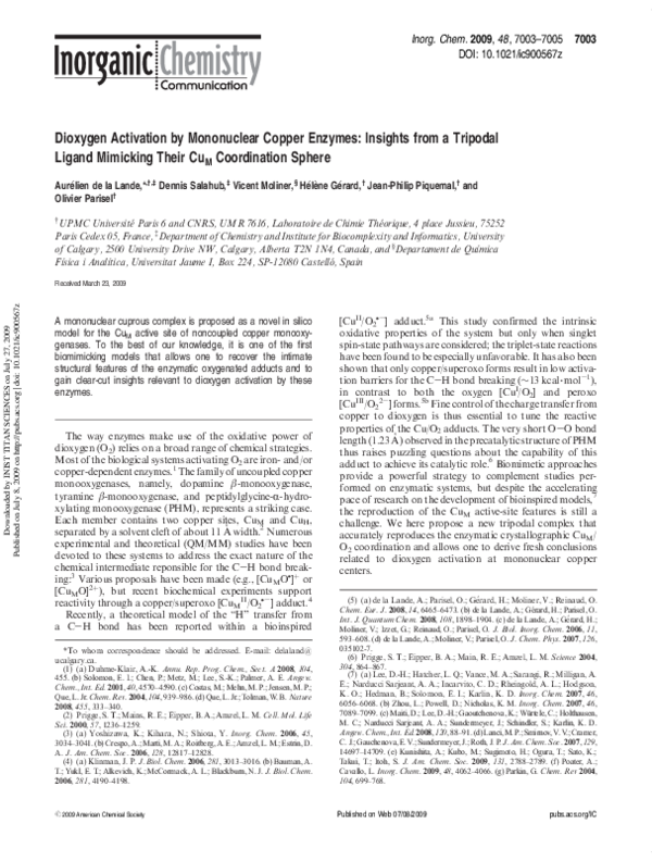 Pdf Dioxygen Activation By Mononuclear Copper Enzymes Insights From A Tripodal Ligand Mimicking Their Cu M Coordination Sphere Dennis Salahub And V Moliner Academia Edu