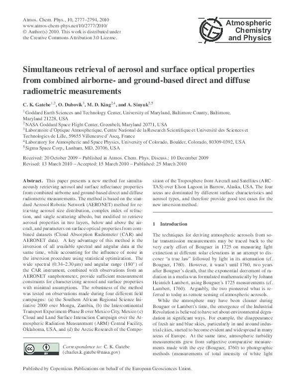 (PDF) Simultaneous retrieval of aerosol and surface optical properties ...