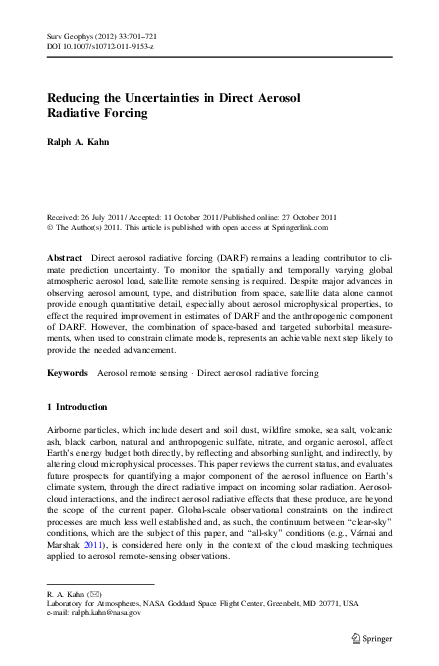 (PDF) Reducing the Uncertainties in Direct Aerosol Radiative Forcing