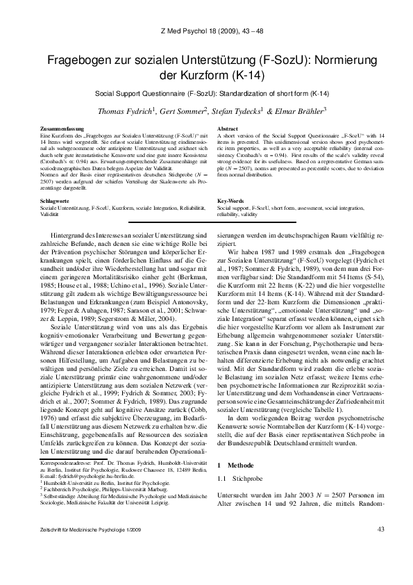 (PDF) Fragebogen zur sozialen Unterstützung (F-SozU): Normierung der ...