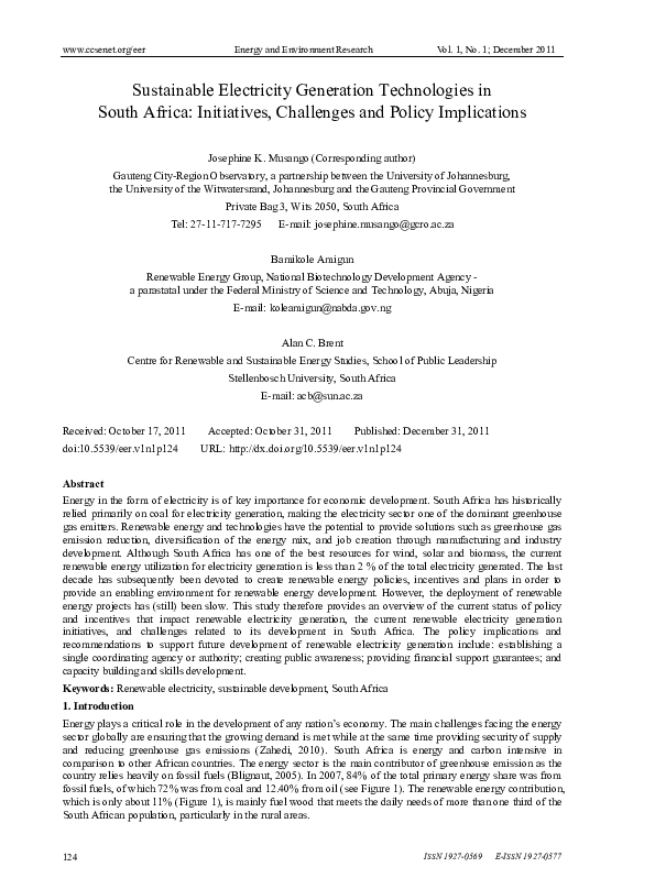 (PDF) Sustainable electricity generation technologies in South Africa ...