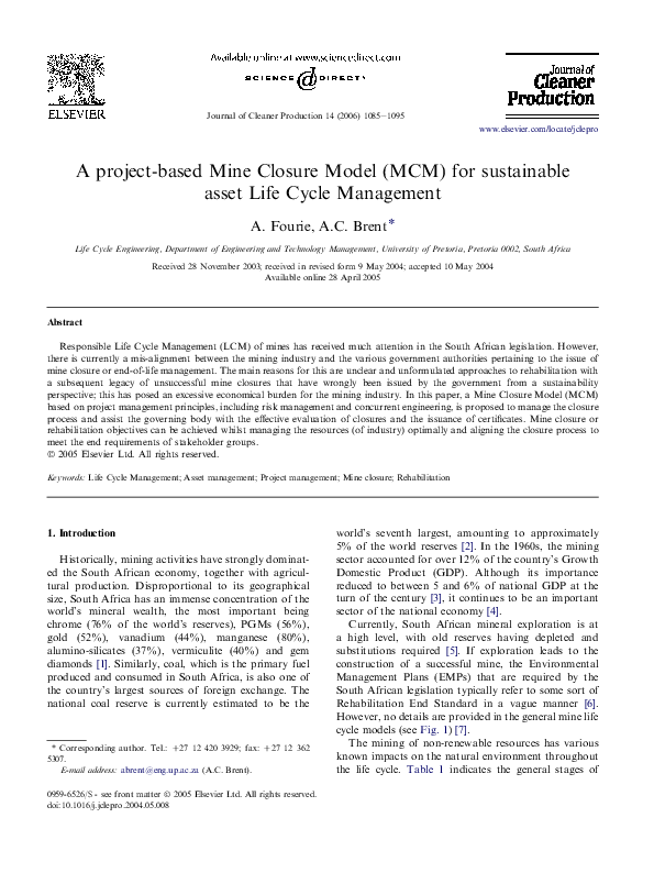 (PDF) A project-based Mine Closure Model (MCM) for sustainable asset ...