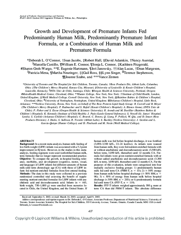 (PDF) Growth and Development of Premature Infants Fed Predominantly ...