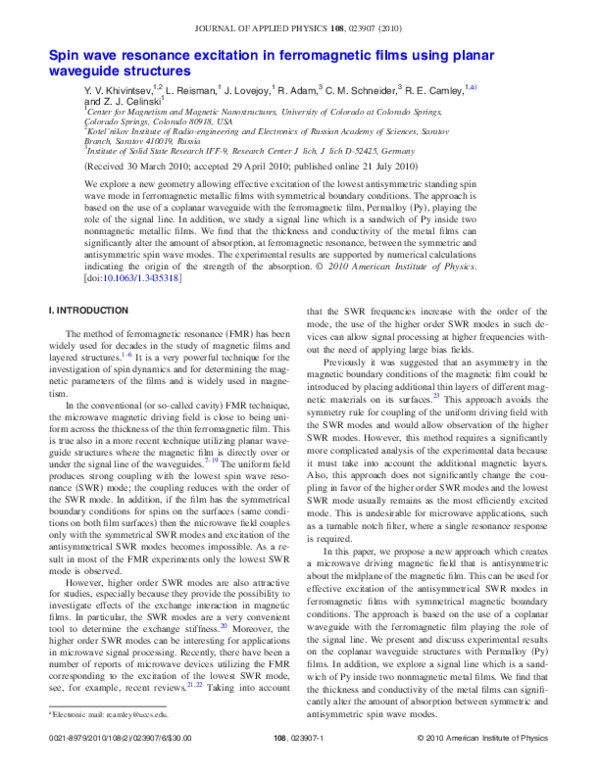 (PDF) Spin wave resonance excitation in ferromagnetic films using ...