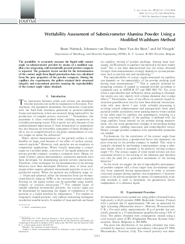 (PDF) Wettability Assessment of Submicrometer Alumina Powder Using a