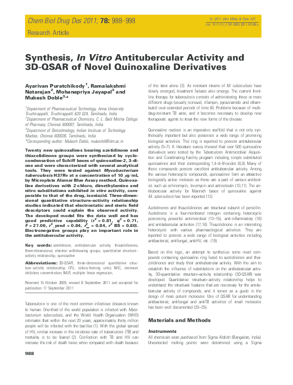 (PDF) Synthesis, In Vitro Antitubercular Activity and 3D-QSAR of Novel ...