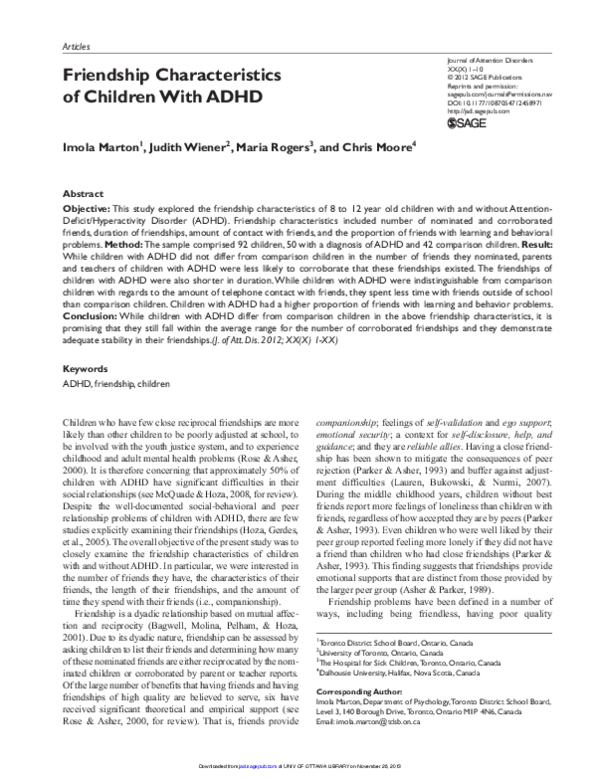 (PDF) Friendship Characteristics of Children With ADHD