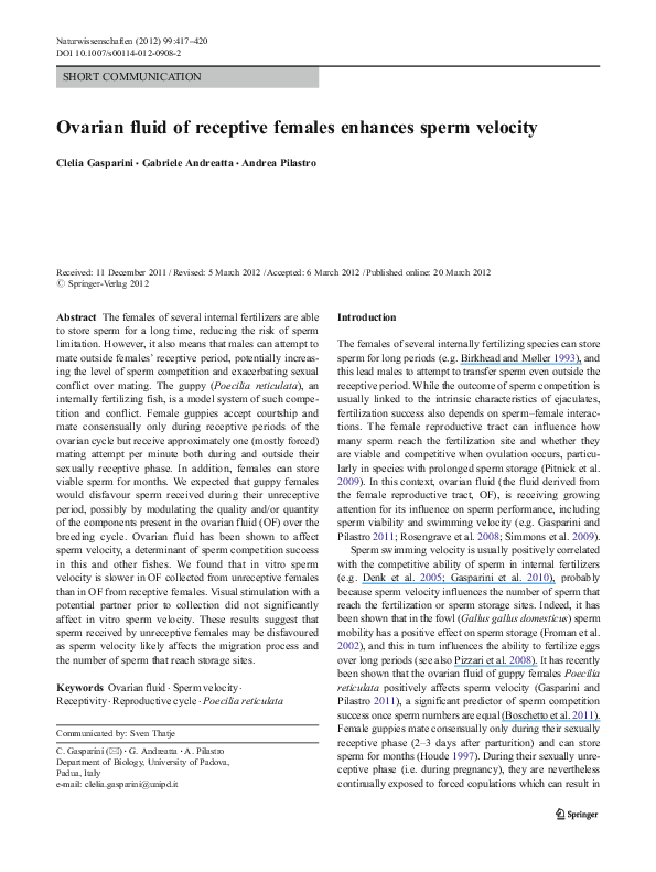 (PDF) Ovarian fluid of receptive females enhances sperm velocity