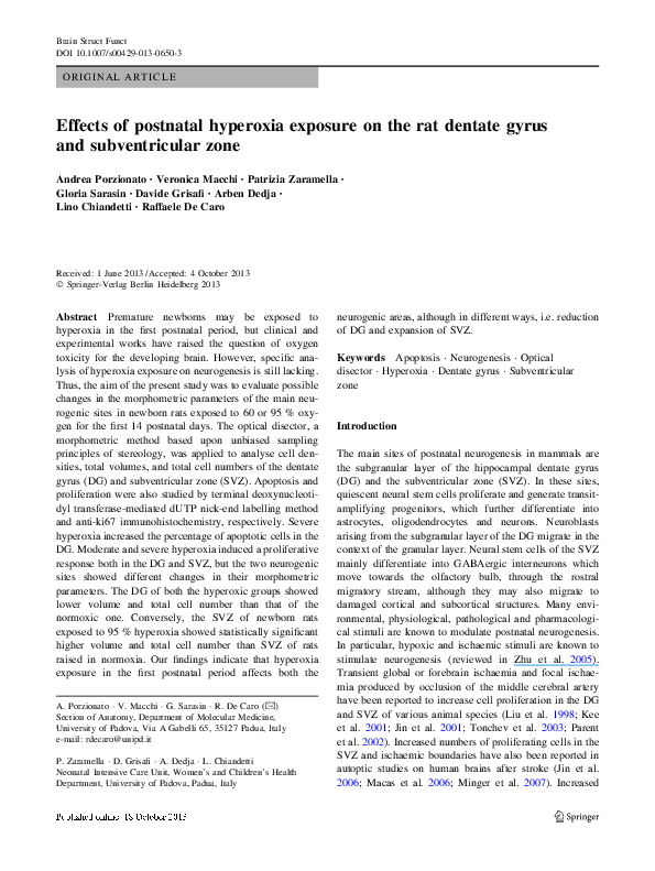 (PDF) Effects of postnatal hyperoxia exposure on the rat dentate gyrus ...