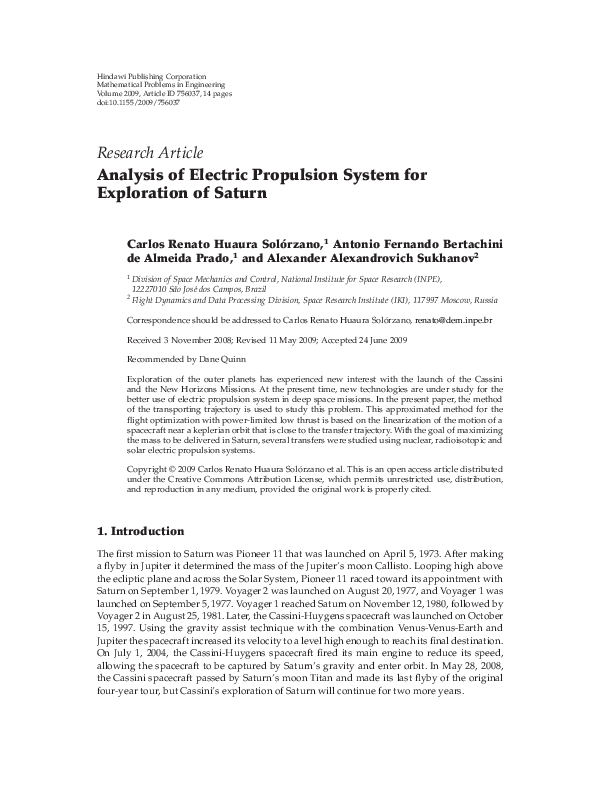 (PDF) Analysis of Electric Propulsion System for Exploration of Saturn