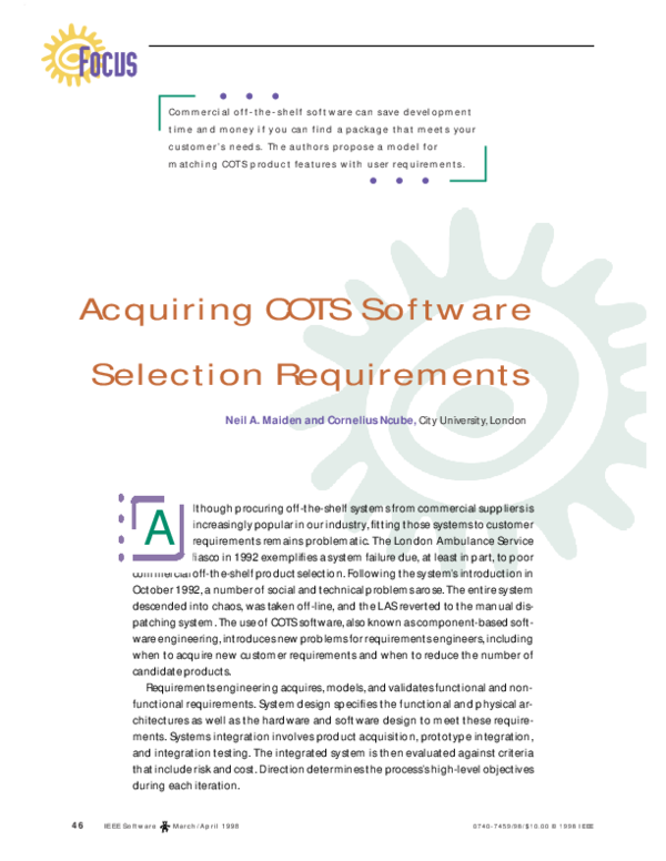 (PDF) Acquiring COTS software selection requirements Cornelius Ncube
