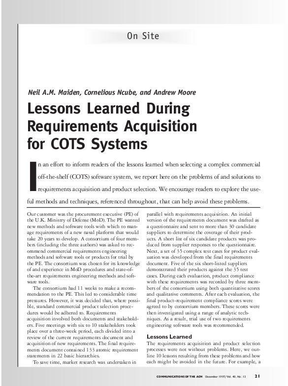 (PDF) Lessons learned during requirements acquisition for COTS systems