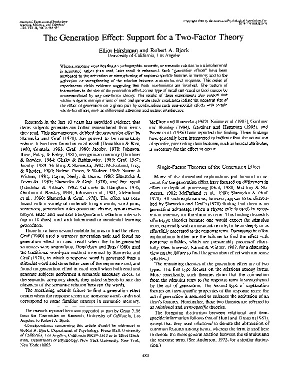 (PDF) The generation effect: Support for a two-factor theory