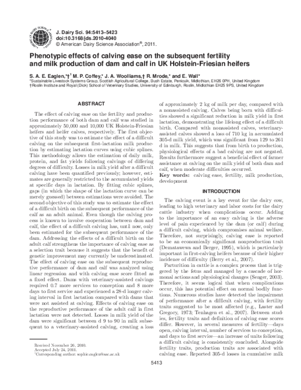 (PDF) Phenotypic effects of calving ease on the subsequent fertility