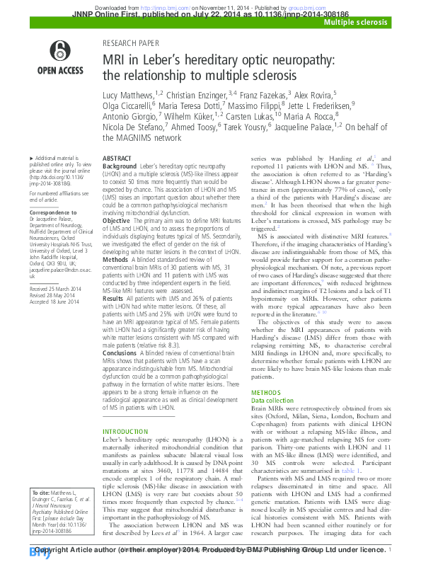 (PDF) MRI in Leber's hereditary optic neuropathy the relationship to